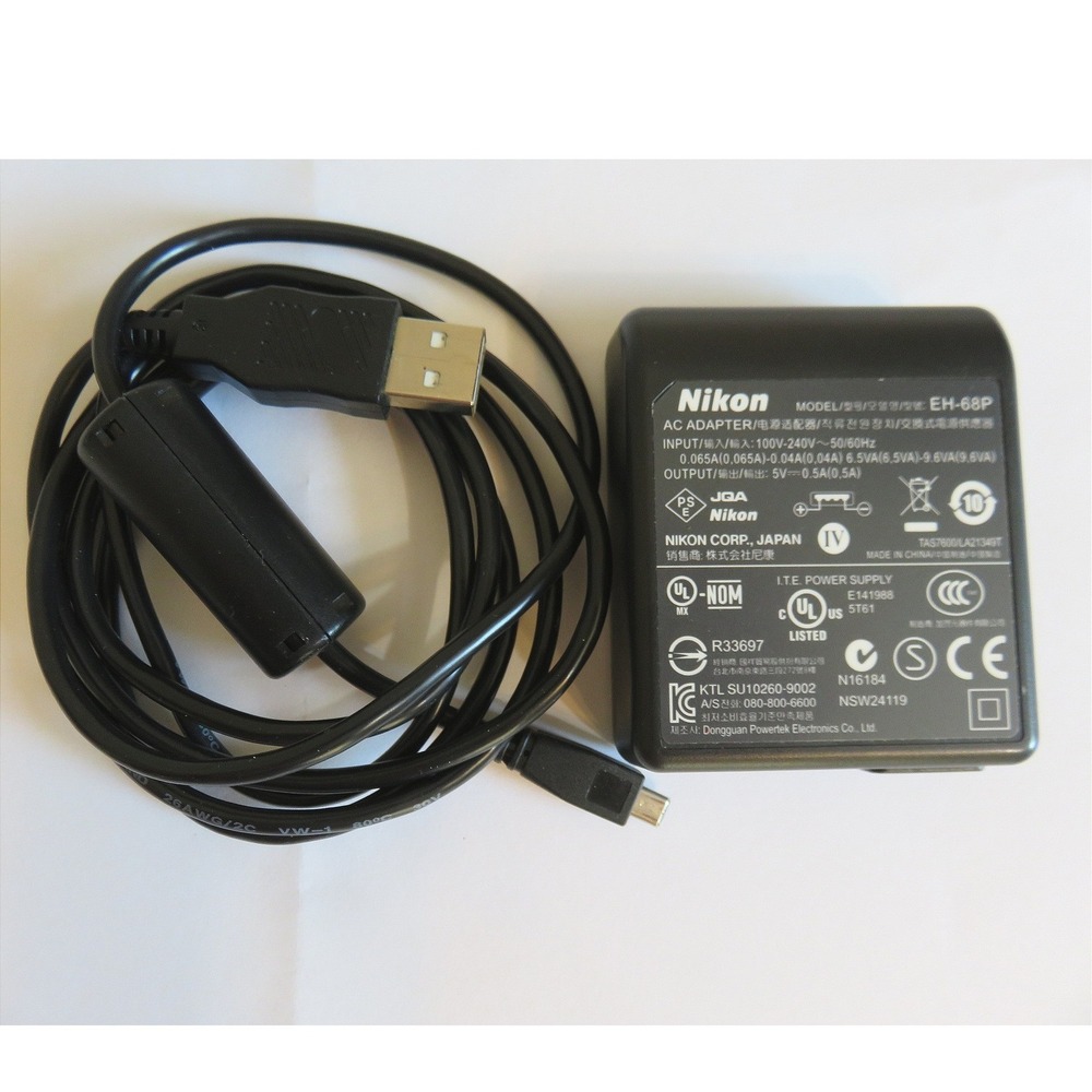 Nikon EH-68P AC Adapter Wall Charger with USB Cable for Coolpix Cameras Black